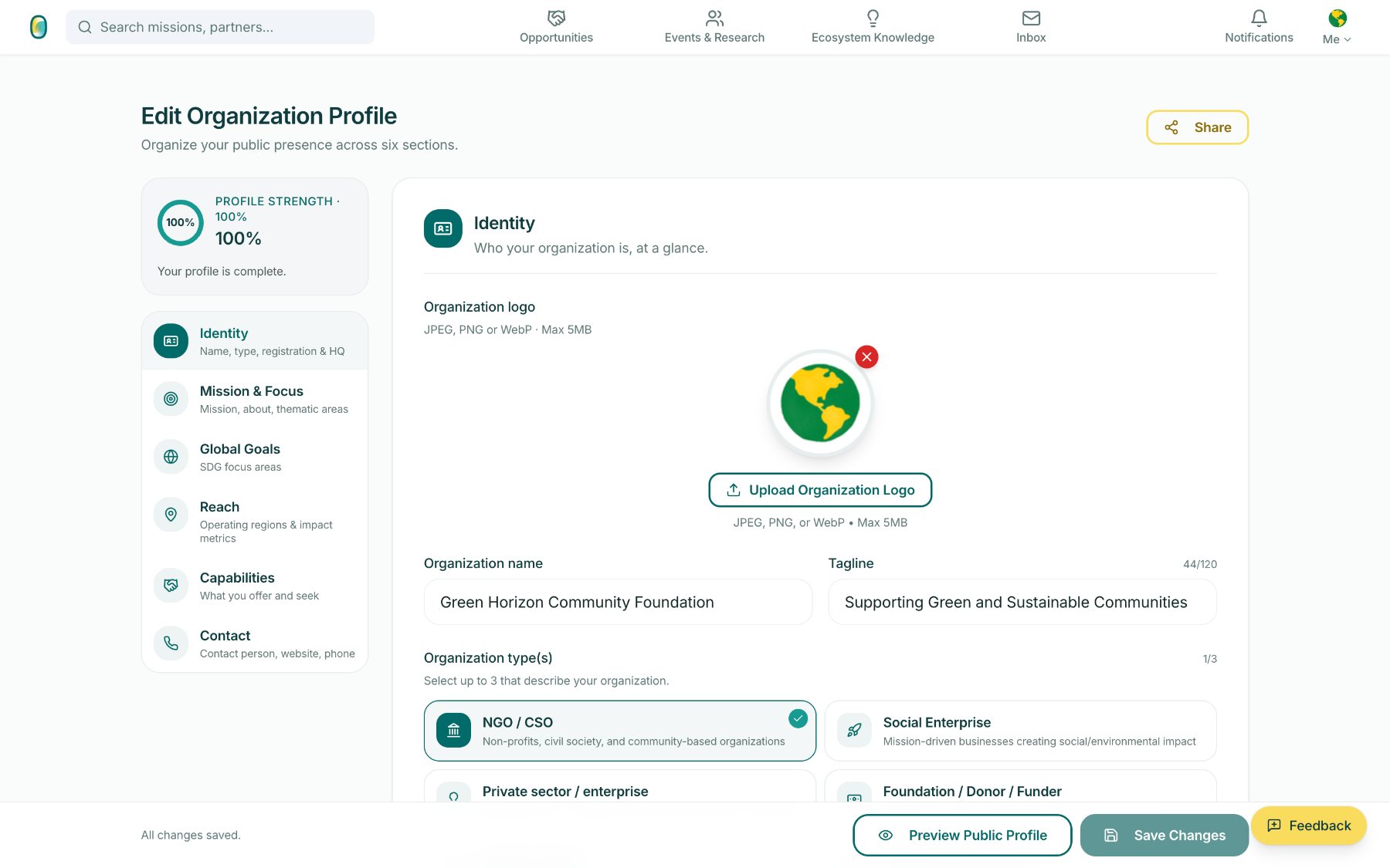 Edit Organisation Profile, Identity section