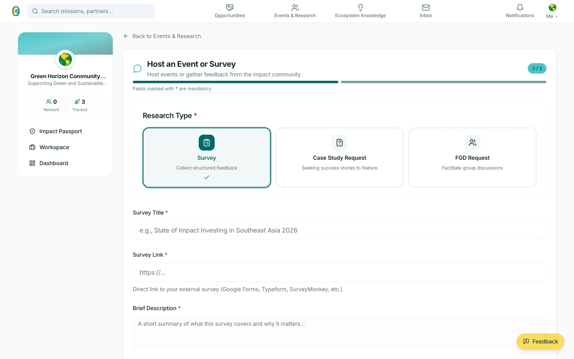 Host an Event or Survey form showing research types