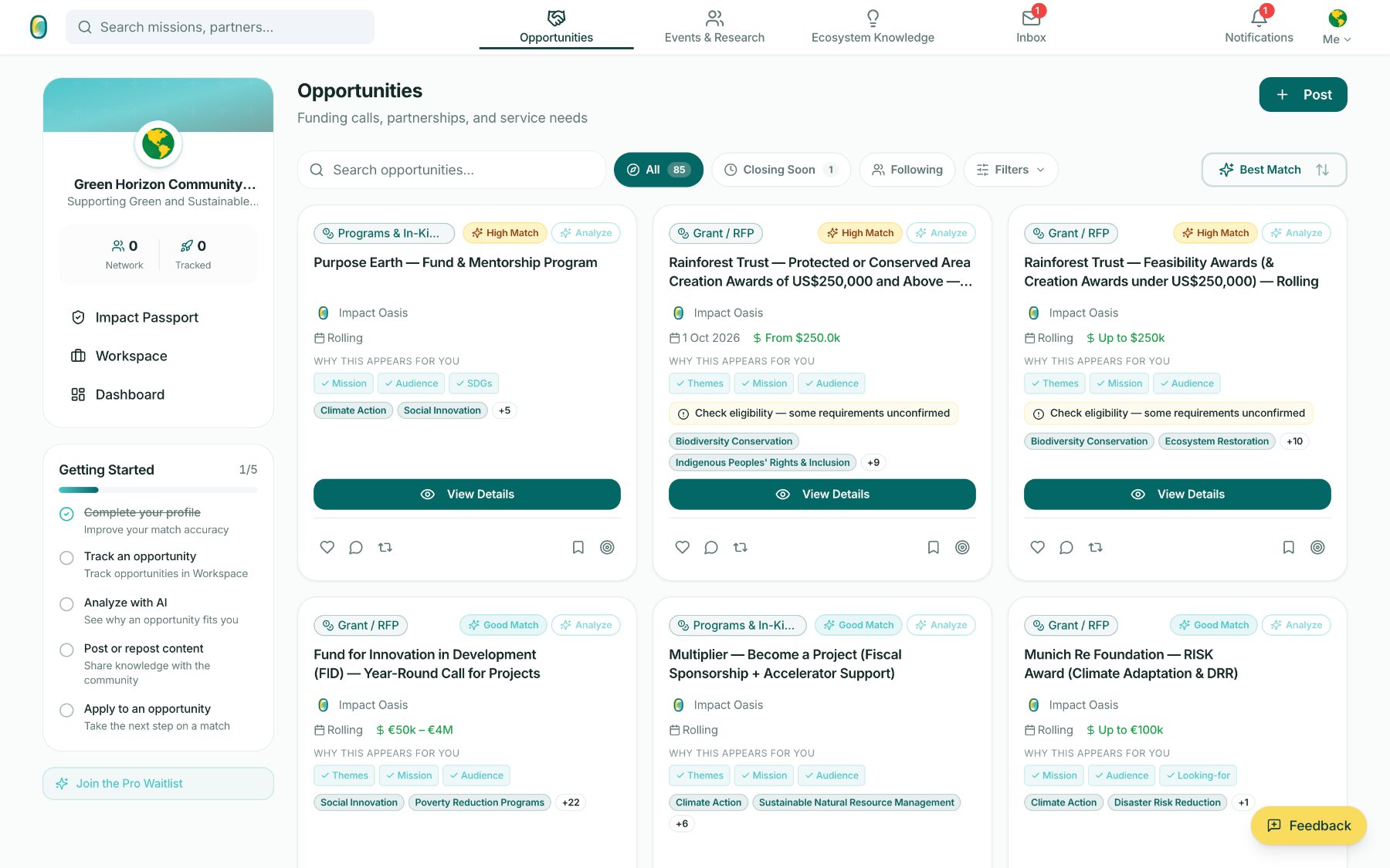 Opportunities feed with match labels and match reasons