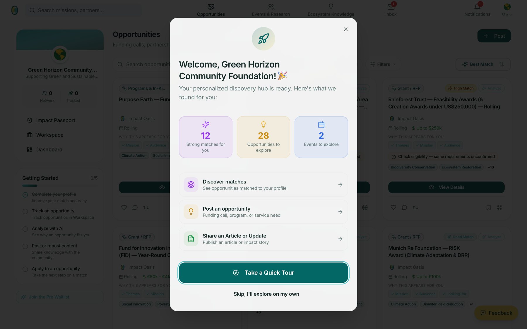 Welcome dialog for a newly onboarded organisation