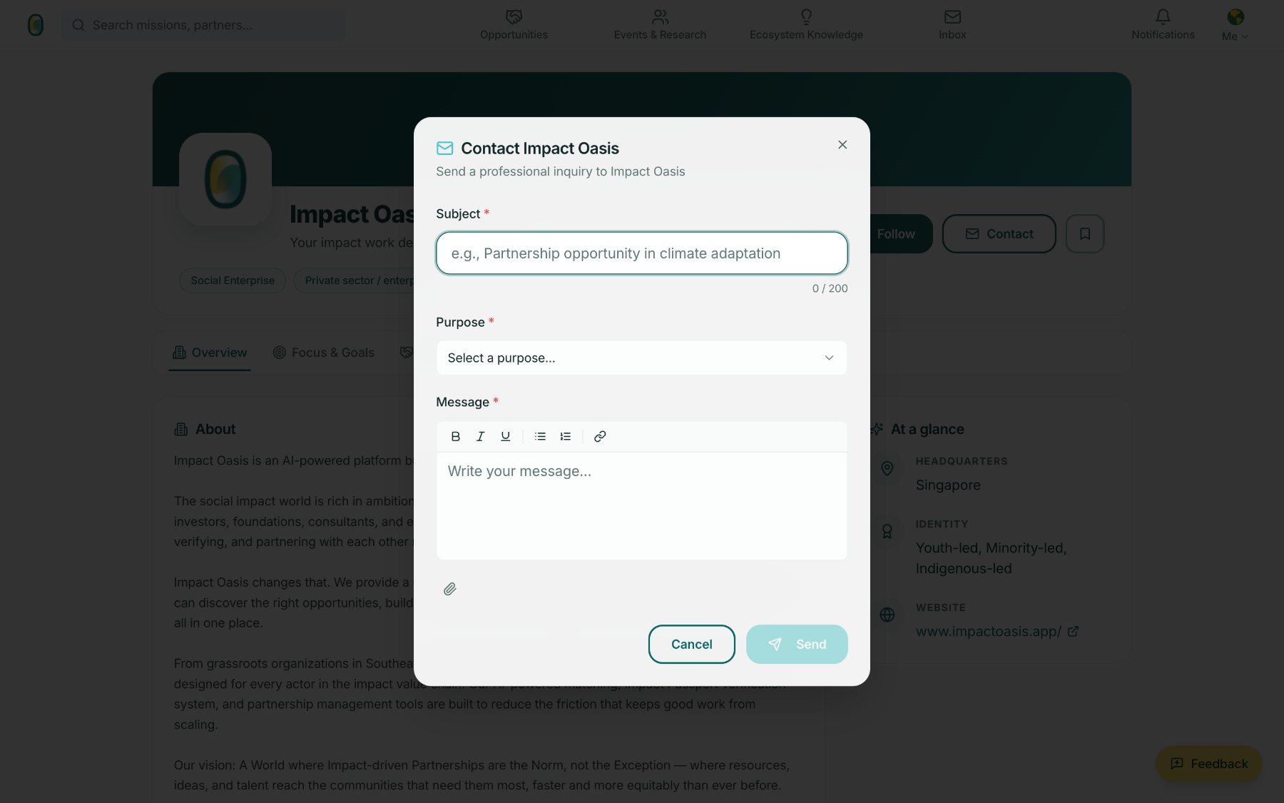 Contact dialog with subject, purpose and message