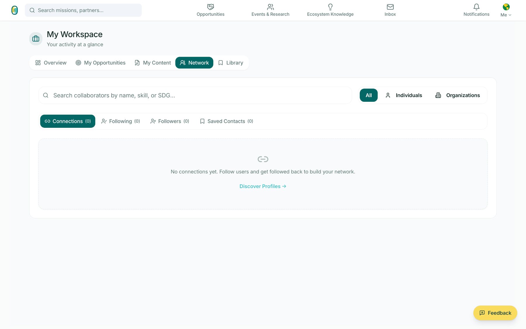 Network tab with connections, following and followers