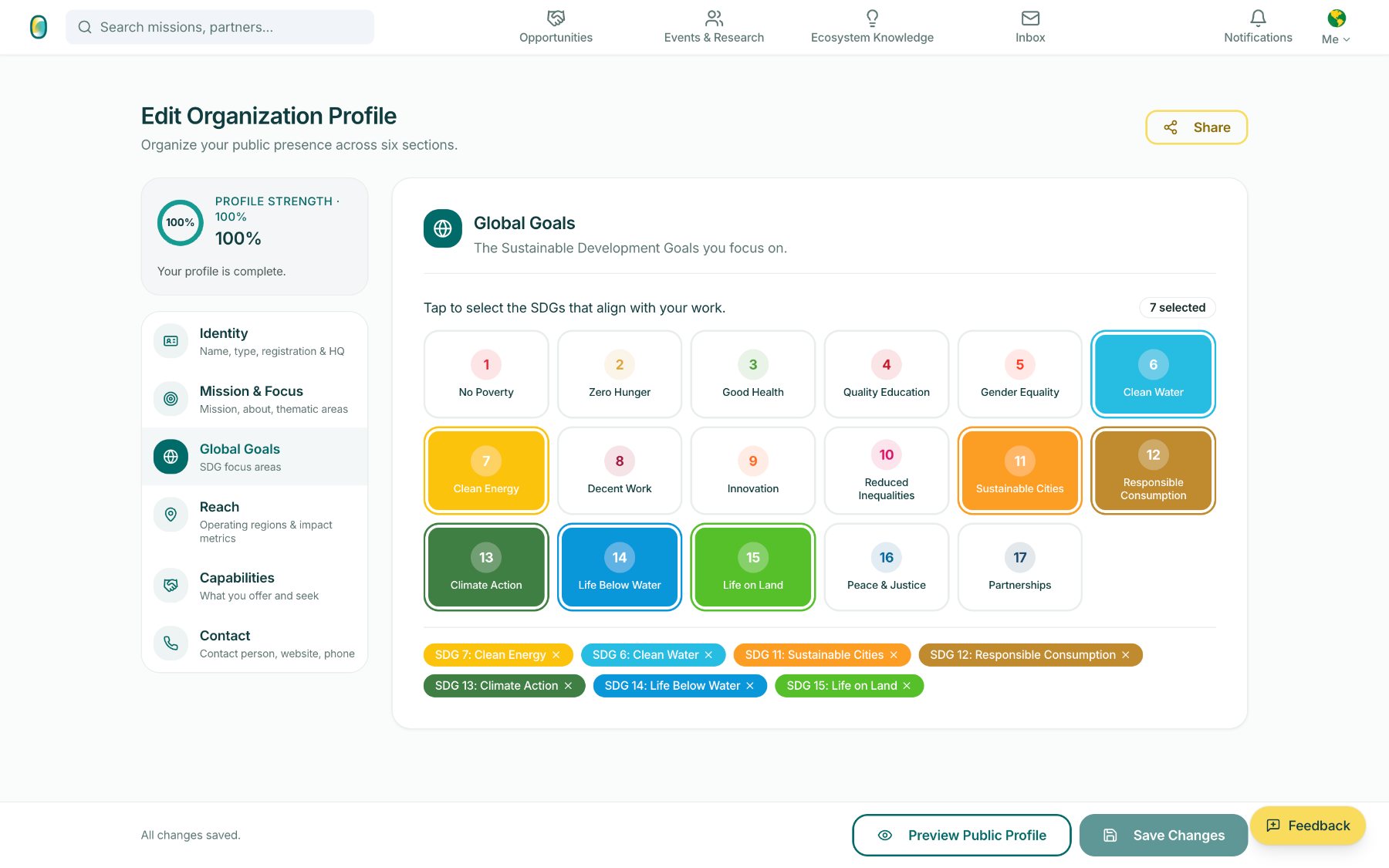Global Goals section with SDG selection