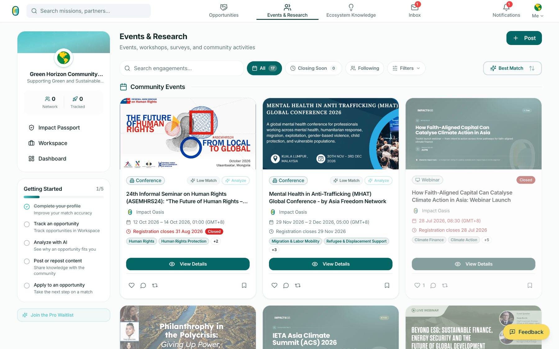Events and Research feed with community events