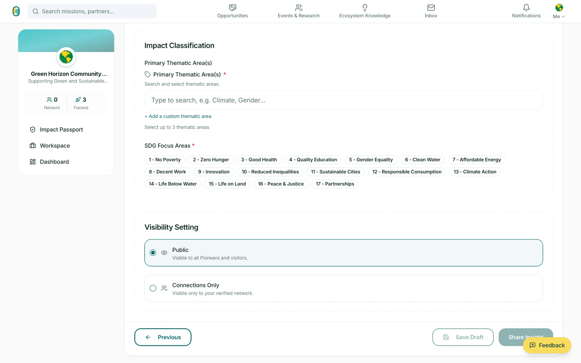Impact Classification and Visibility Setting step of the publishing form