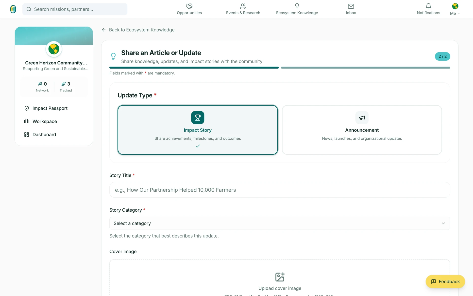 Share an Article or Update form showing update types