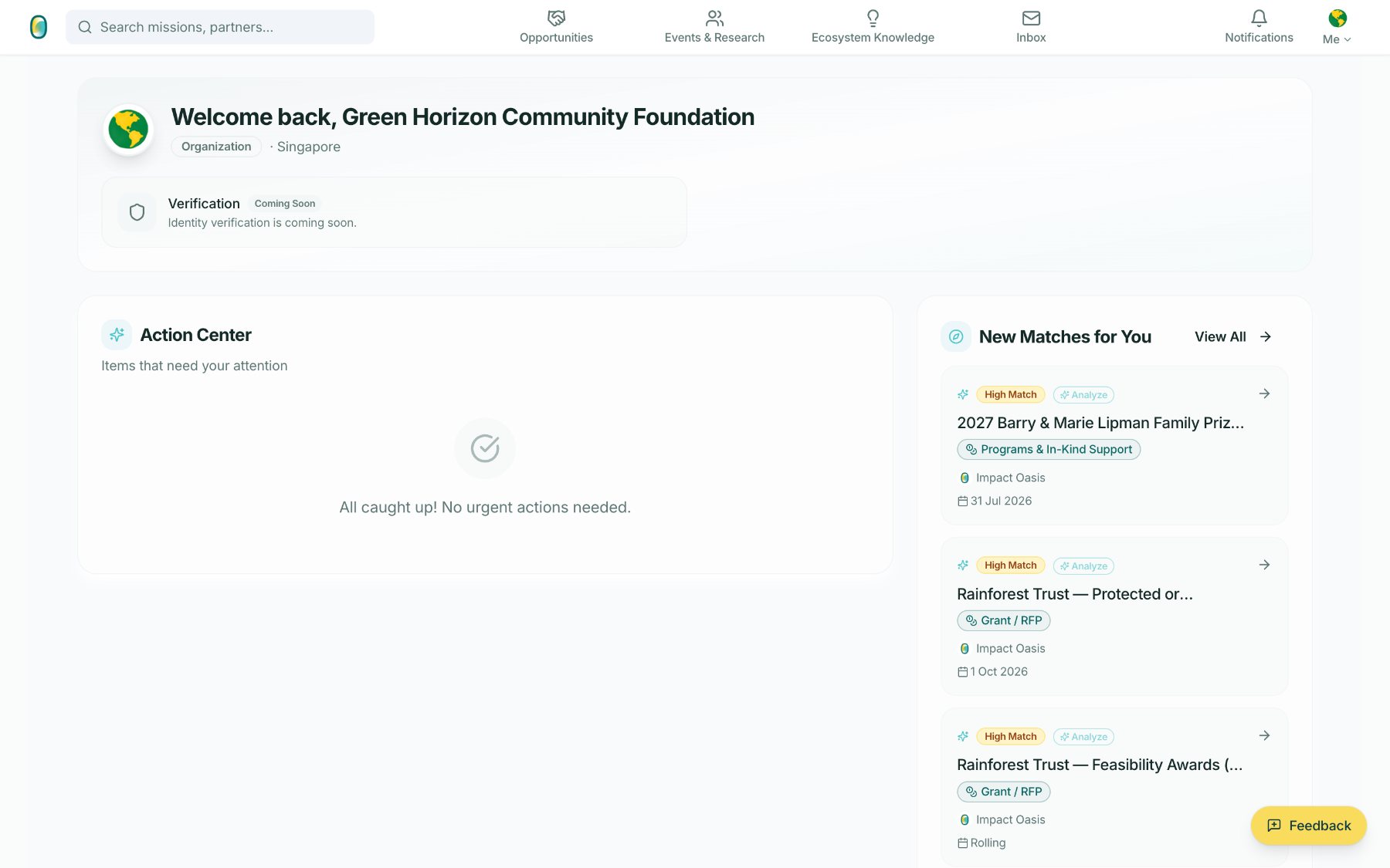Dashboard with Action Center and New Matches