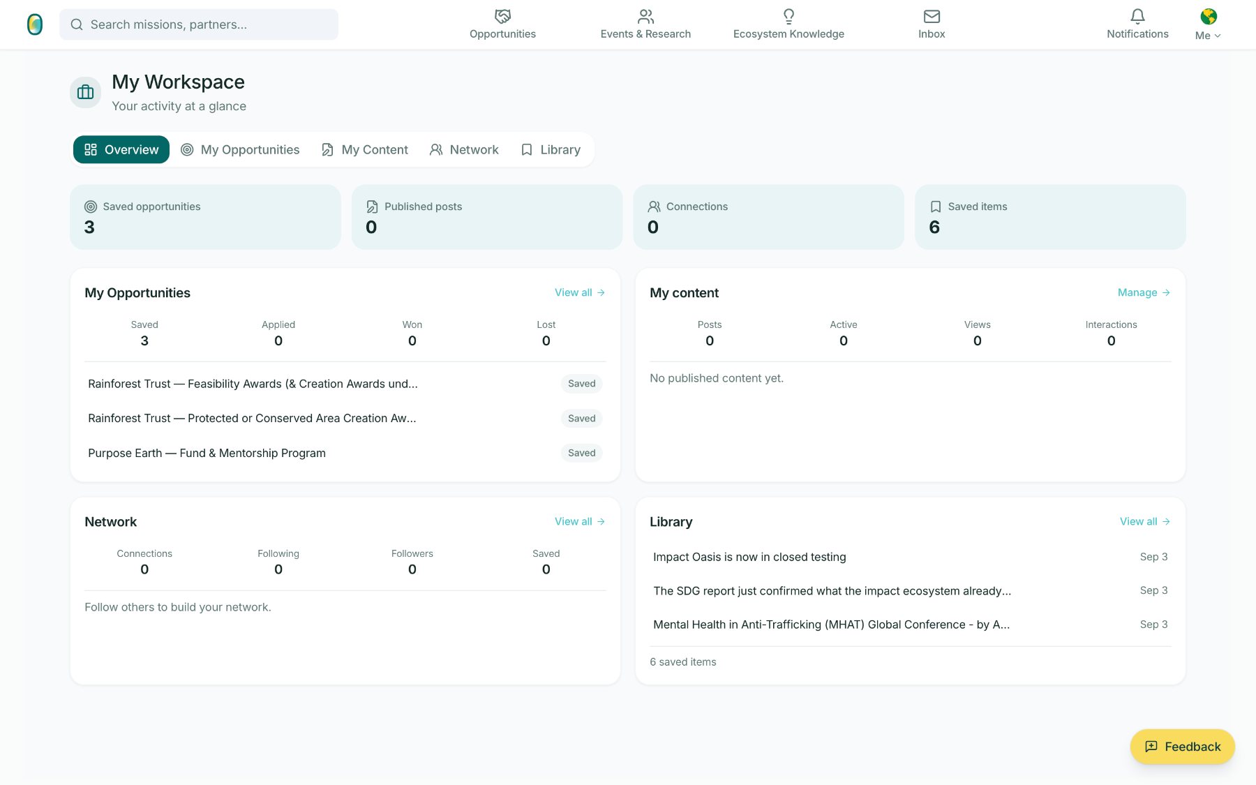 My Workspace overview with saved opportunities, content, network and library
