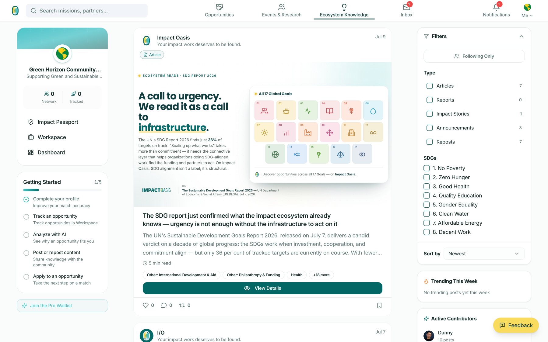 Ecosystem Knowledge feed with an article on the SDG Report 2026