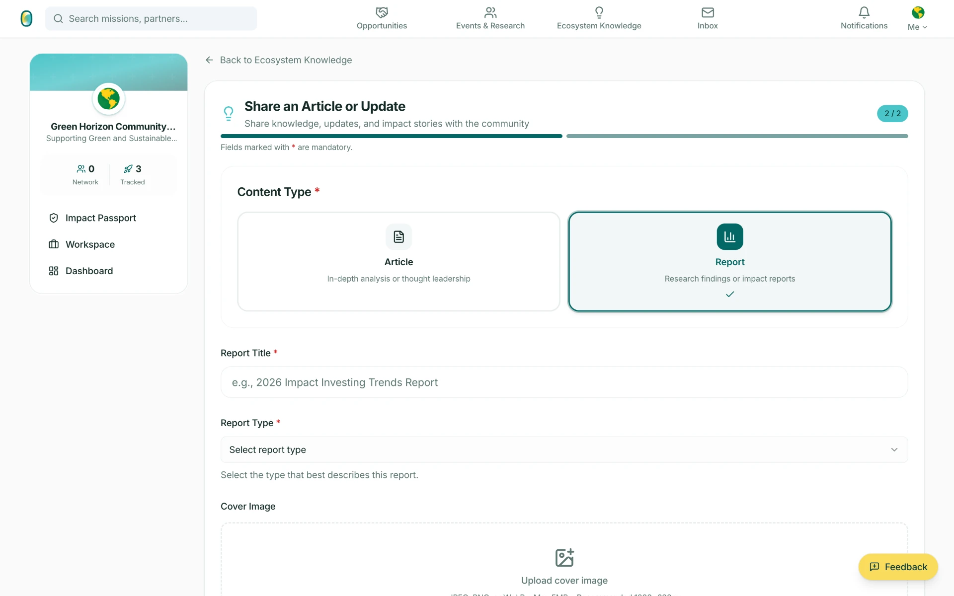 Share an Article or Update form showing content types