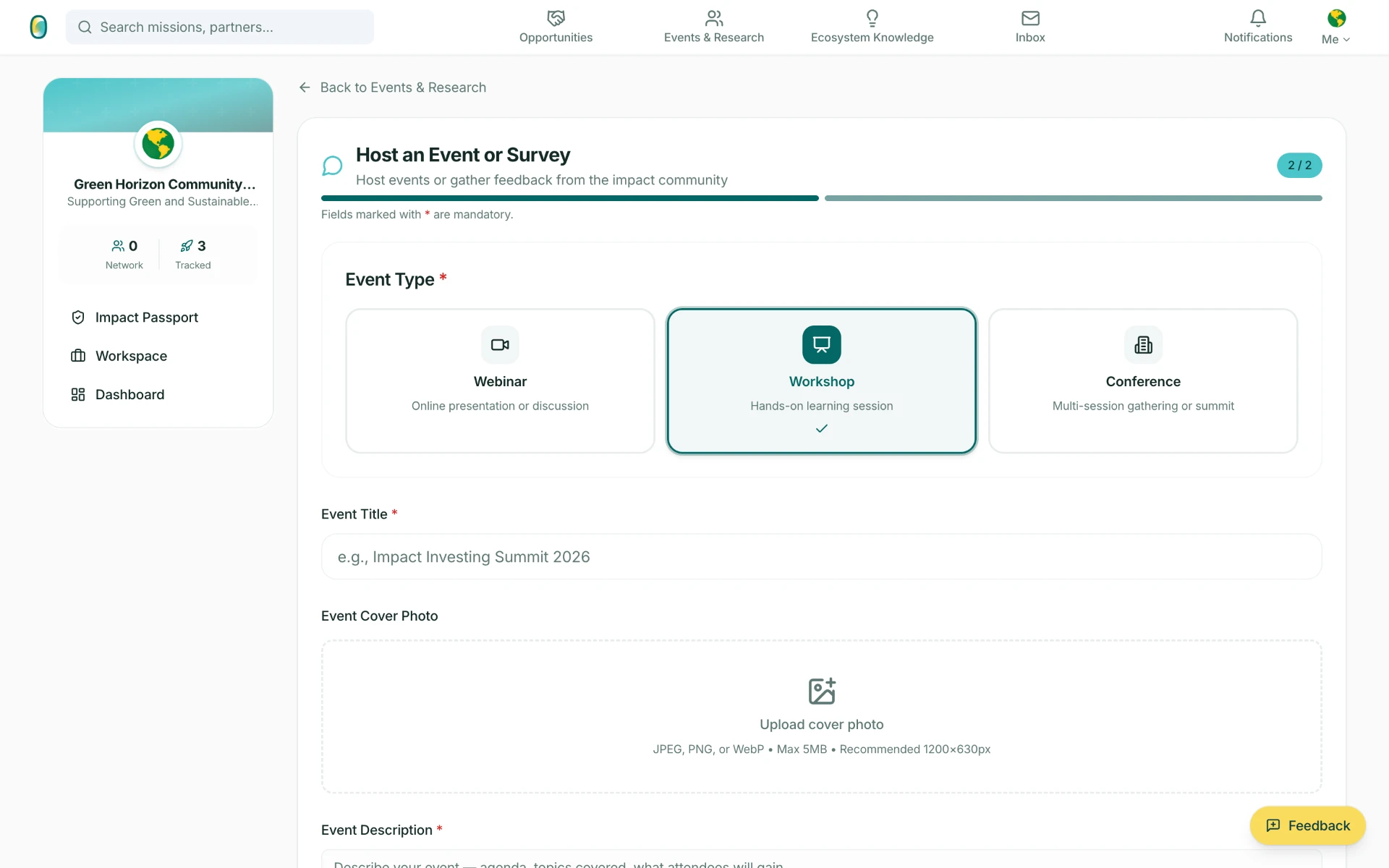 Host an Event or Survey form showing event types