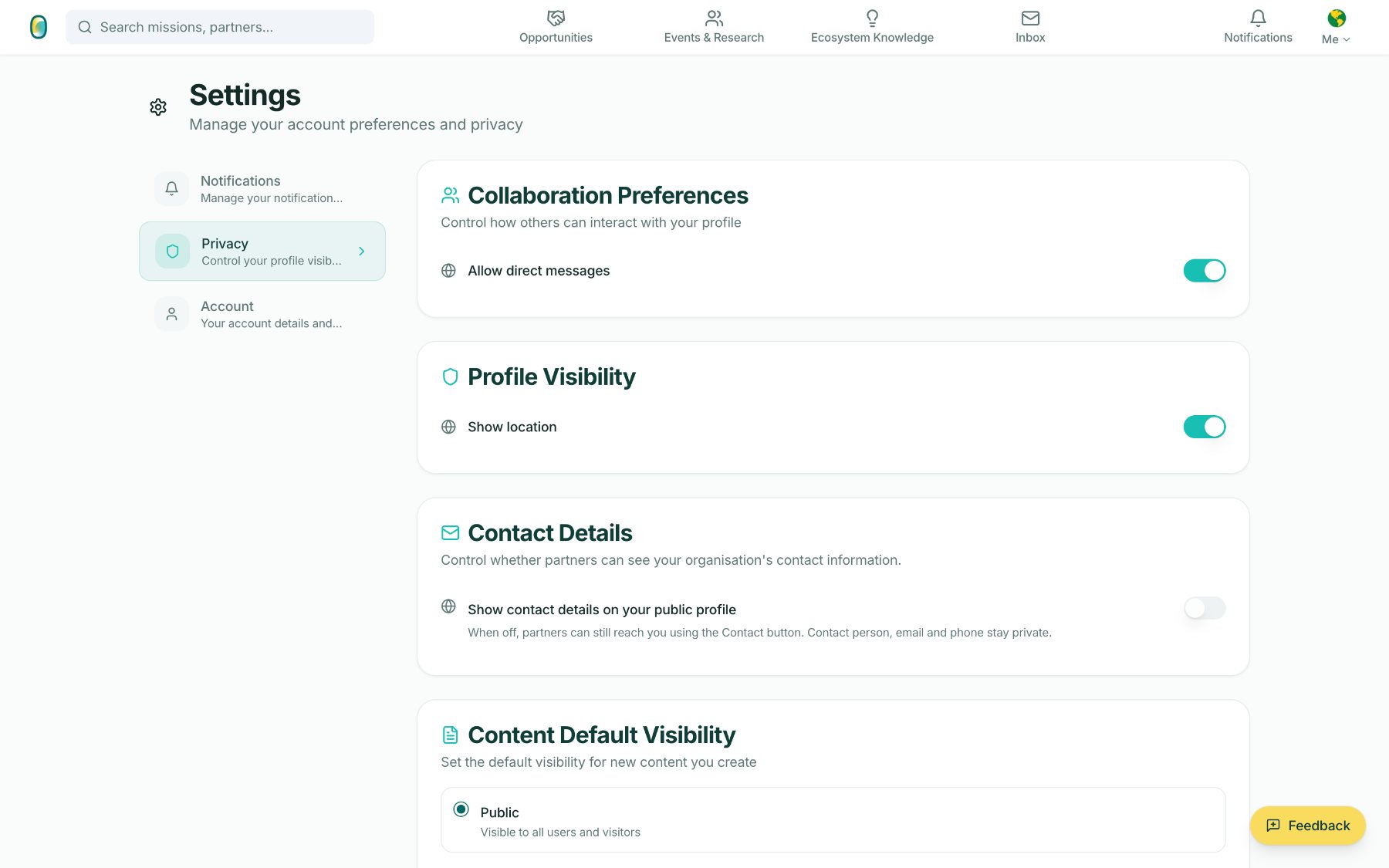 Settings, privacy section