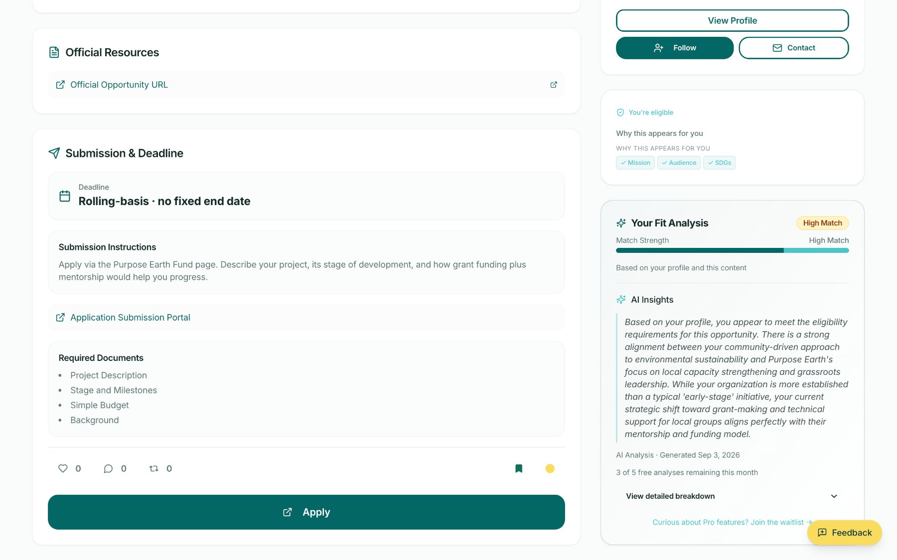 Submission and deadline section beside a generated AI fit analysis